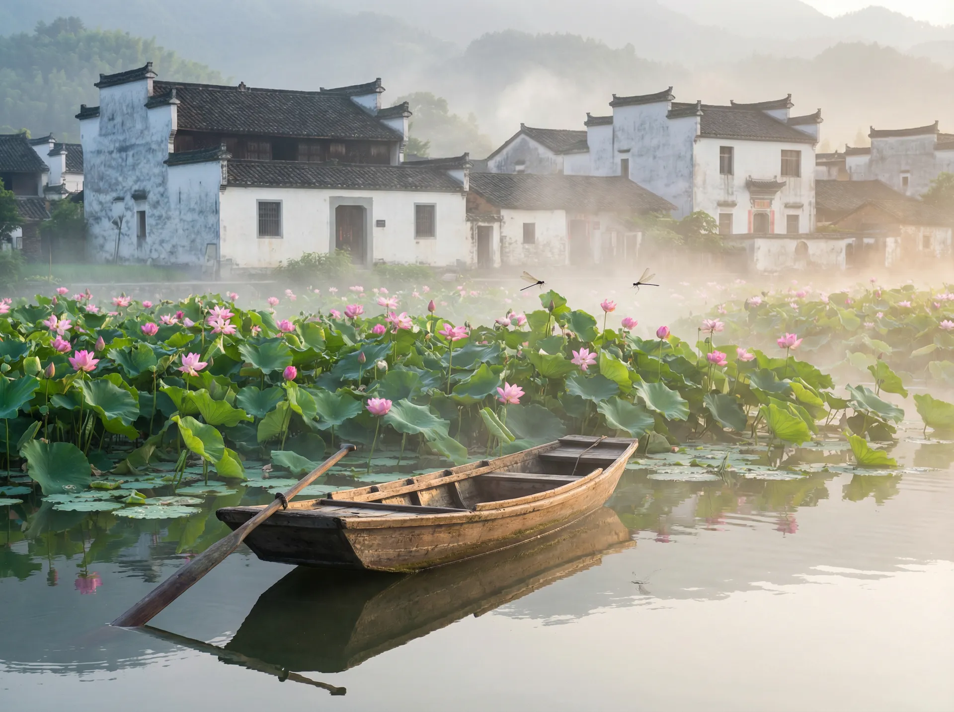 清晨荷塘小舟，粉色荷花盛开，白墙黑瓦的村庄 - 偷窥无罪 水乡风情